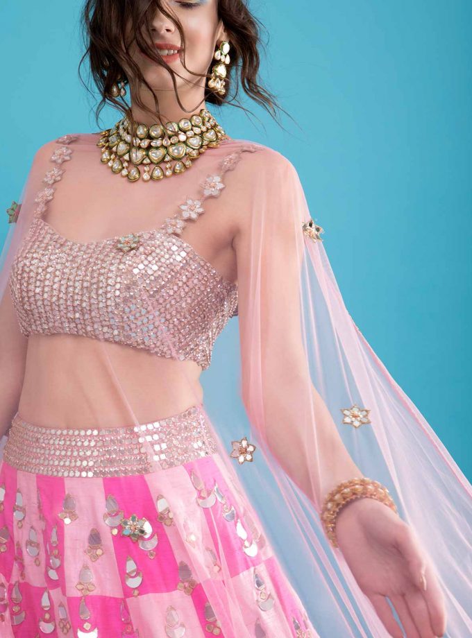 Pink on pink colour blocked lehenga