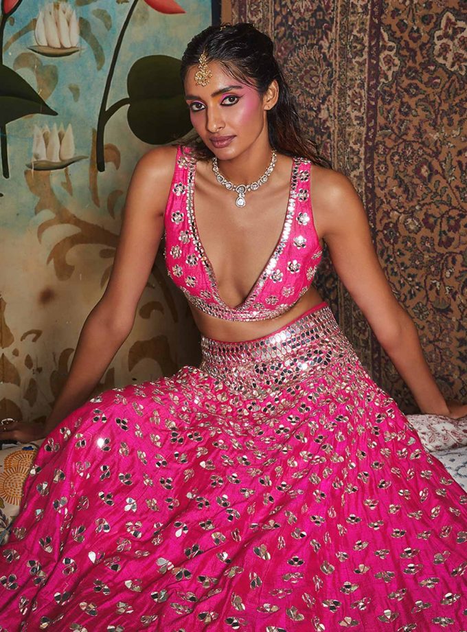 Fuchsia triple falling drops lehenga choli