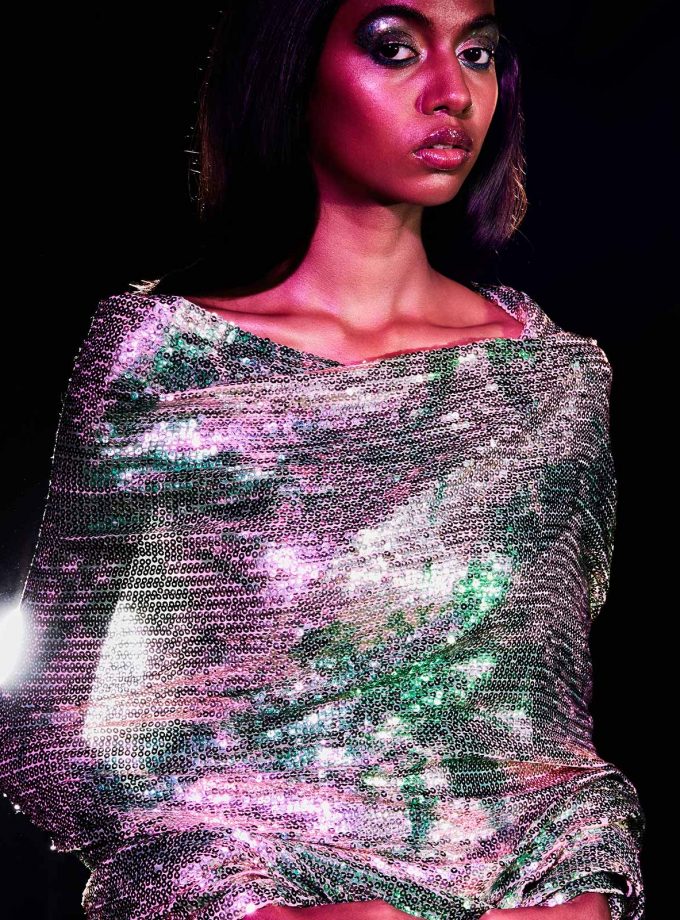 Platinum sequin sheeted sari with texture printing on sequin in emerald