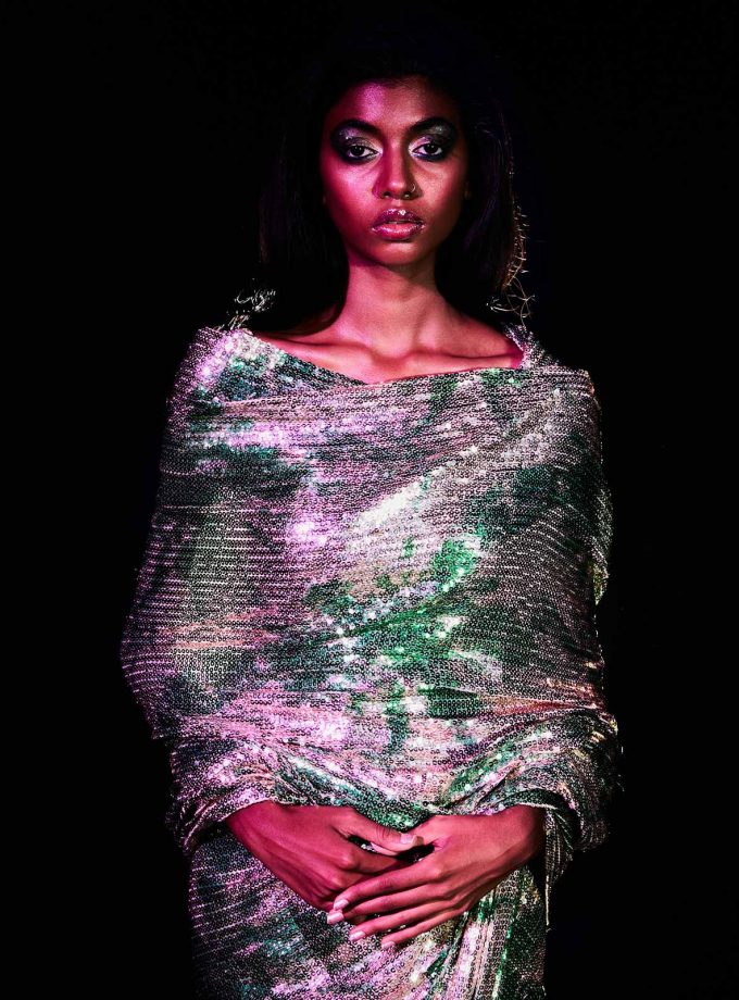 Platinum sequin sheeted sari with texture printing on sequin in emerald