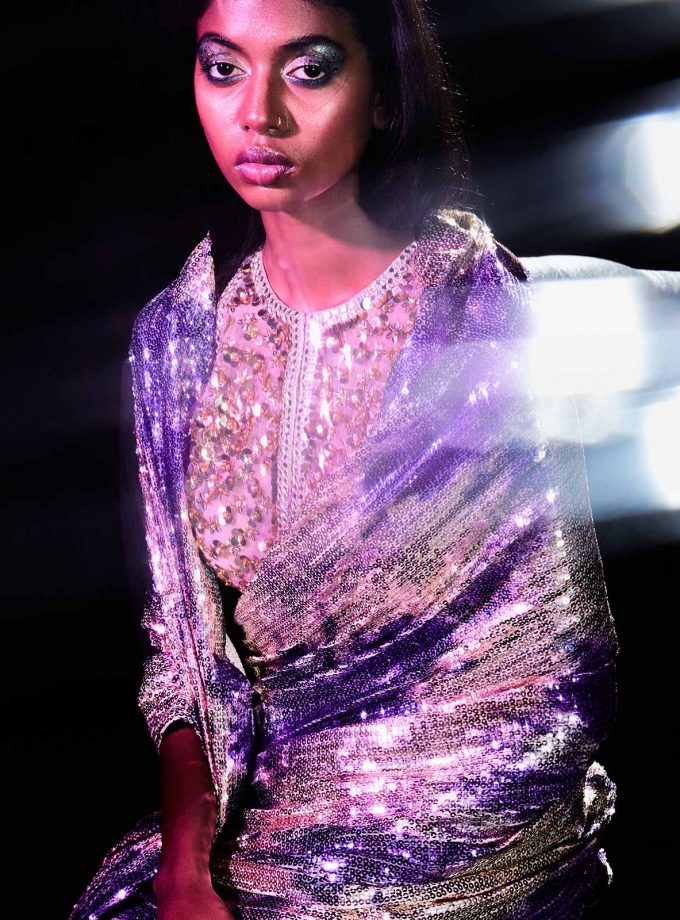 Platinum sequin sheeted sari with texture printing on sequin in purple