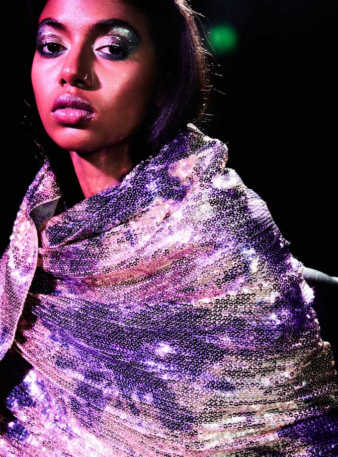 Platinum sequin sheeted sari with texture printing on sequin in purple