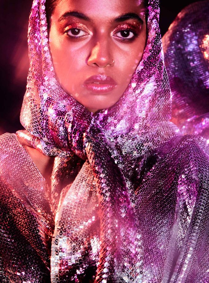 Silver sequin sheeted sari with texture printing on sequin in fuschia