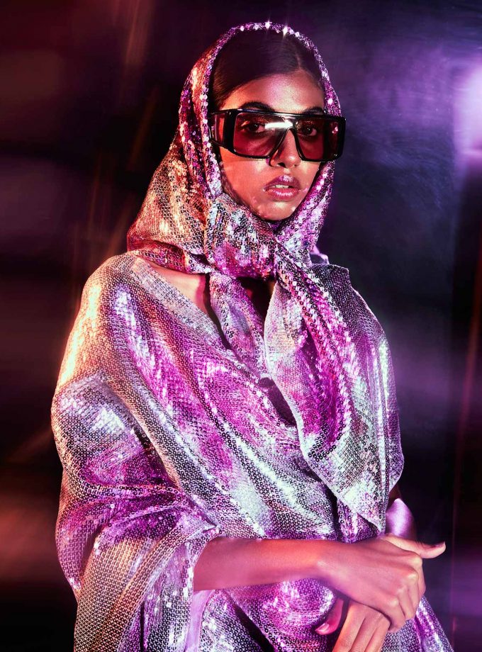 Silver sequin sheeted sari with texture printing on sequin in fuschia