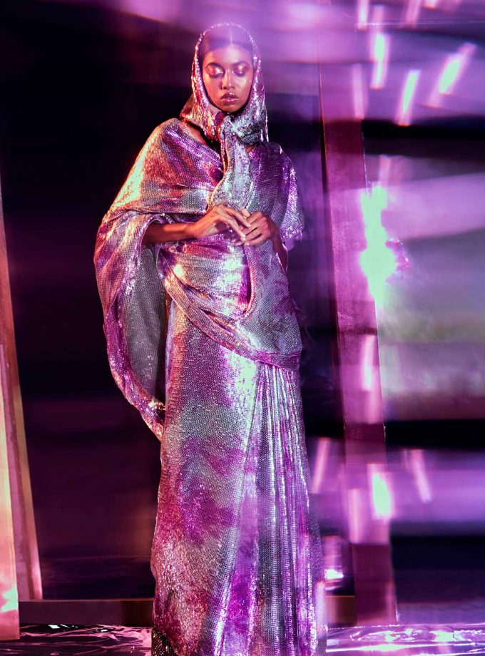 Silver sequin sheeted sari with texture printing on sequin in fuschia