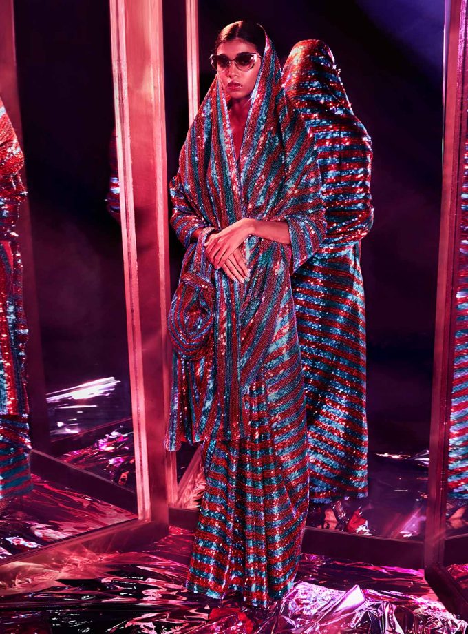 Turquoise & magenta striped sequin sari