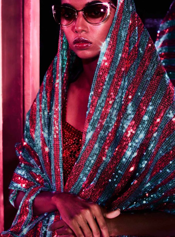 Turquoise & magenta striped sequin sari