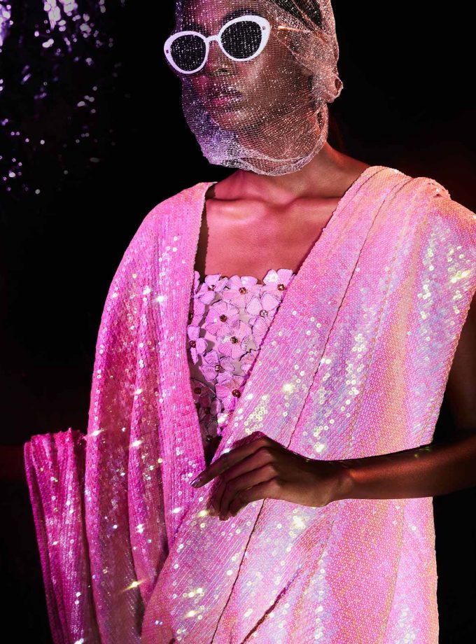 Pink sequin sheeted sari