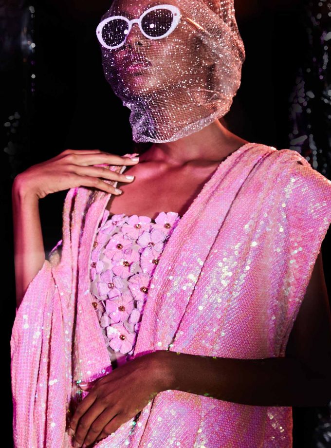 Pink sequin sheeted sari