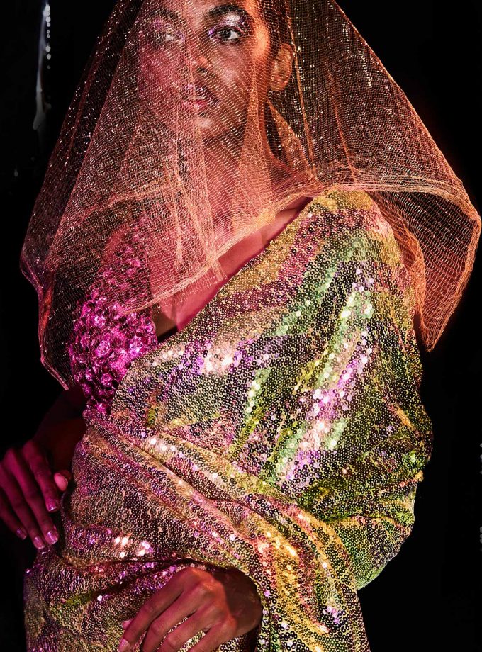 Lime & millenial pink chevron textured sequin sari