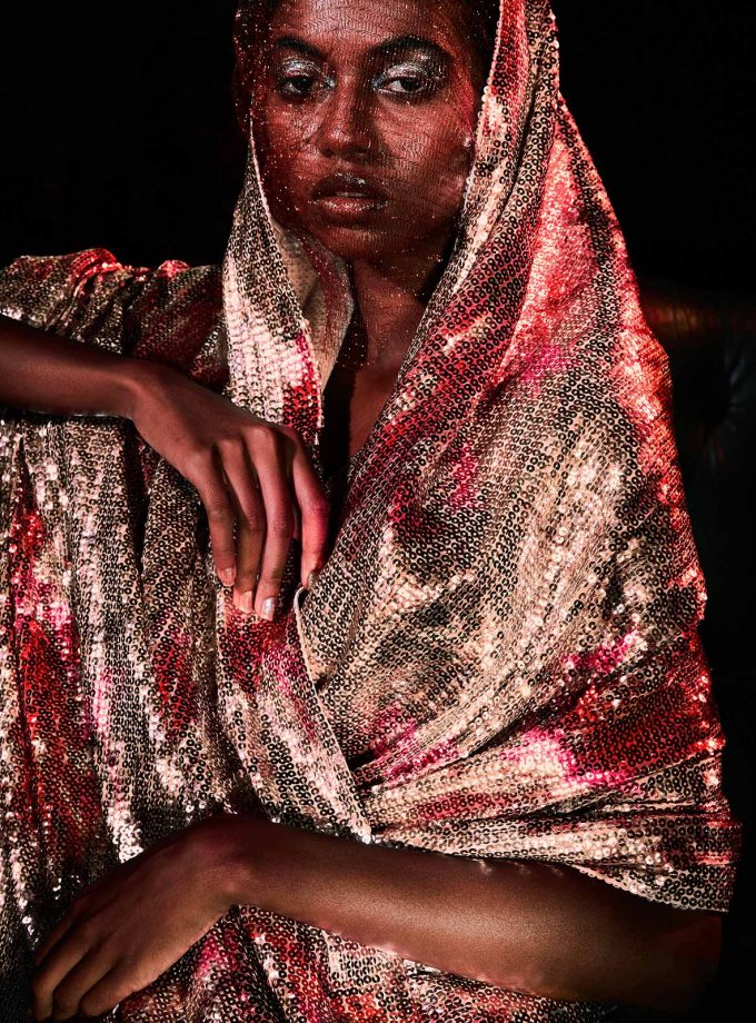 Rosegold sequin sheeted sari with texture printing on sequin in maroon