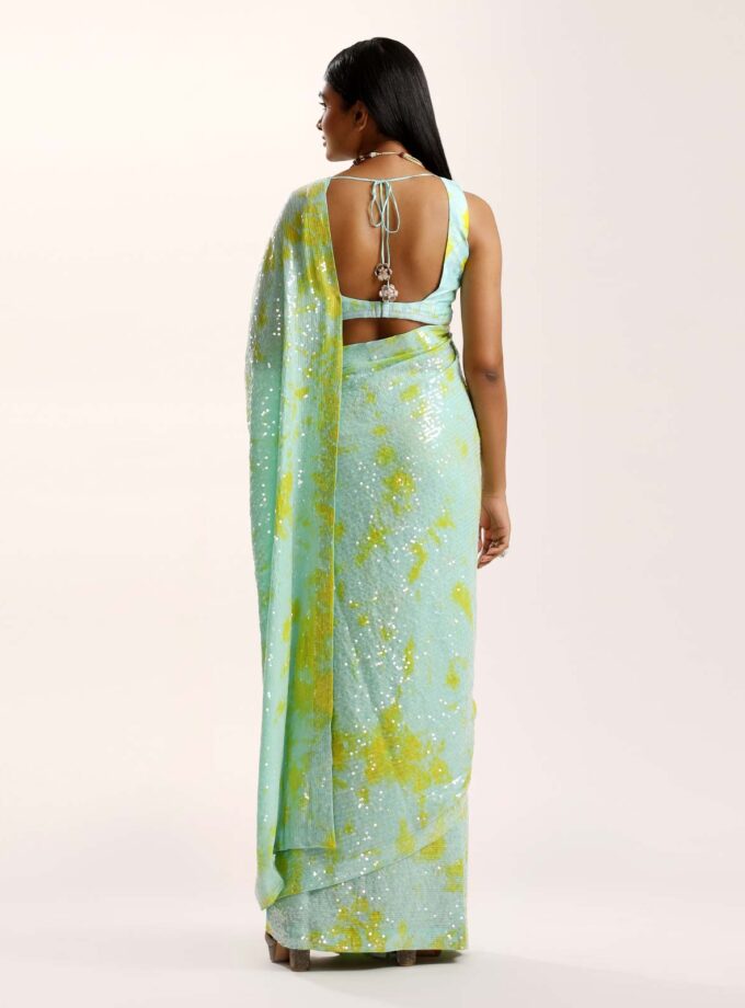 Aqua & lime sequin sari