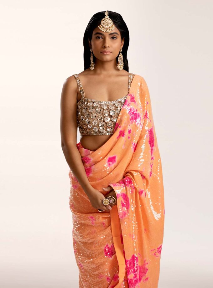 Burnt orange sequin sari
