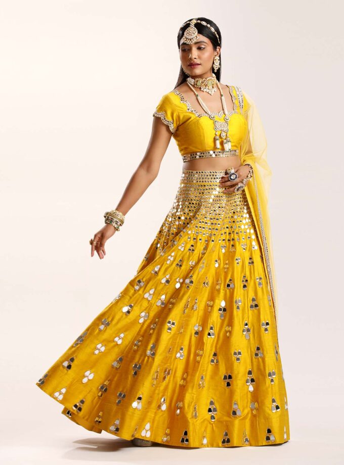 Mustard falling drops lehenga