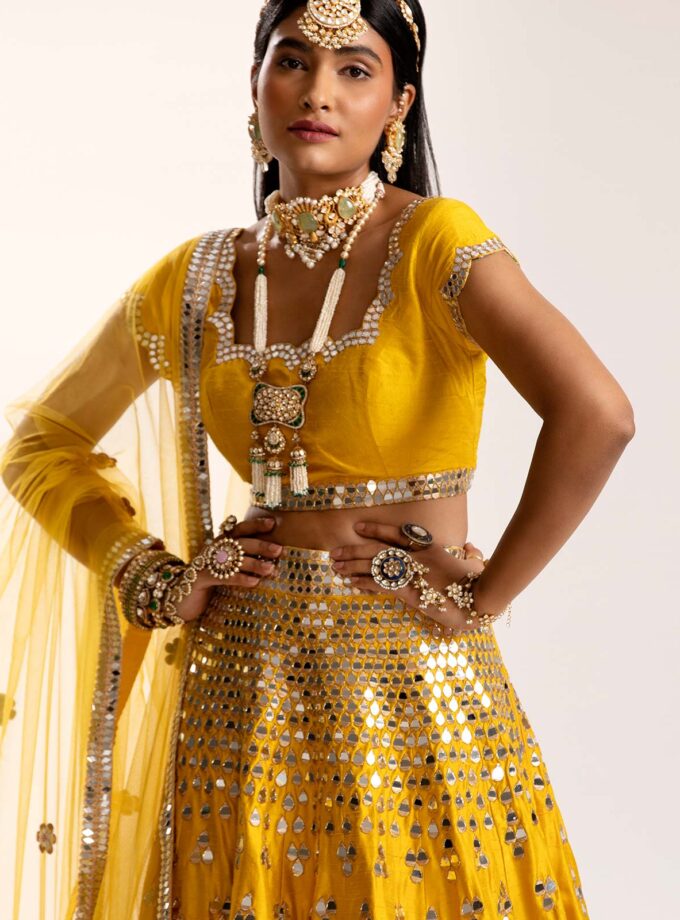 Mustard falling drops lehenga