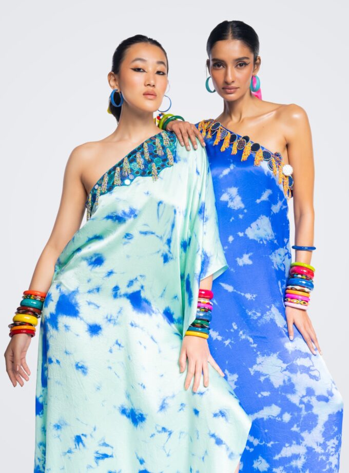 Powder blue stained one-shoulder Kaftan