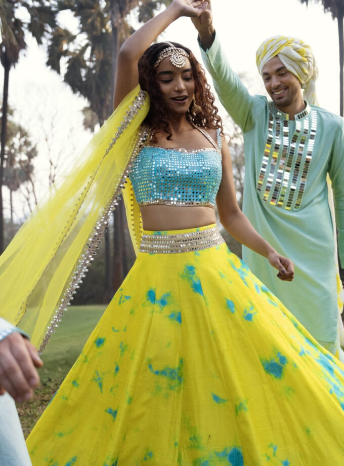 Yellow & Blue Raw Silk Tie-Dyed Lehenga Set