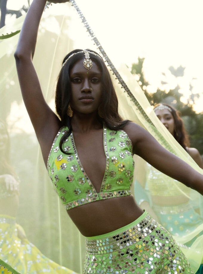 Yellow & Green Raw Silk Mirror Work Lehenga Set