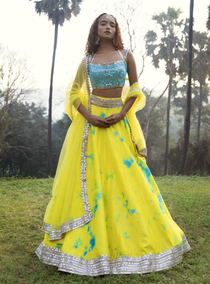 Yellow & Blue Raw Silk Tie-Dyed Lehenga Set