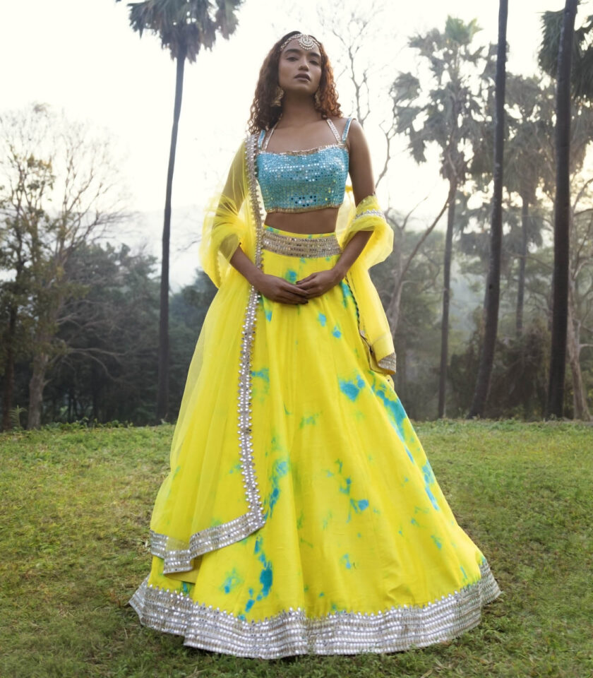 Yellow & Blue Raw Silk Tie-Dyed Lehenga Set