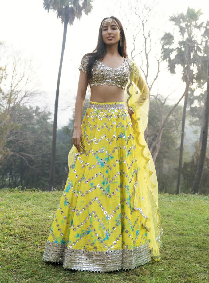 Yellow & Turquoise Raw Silk Tie-Dyed Lehenga Set