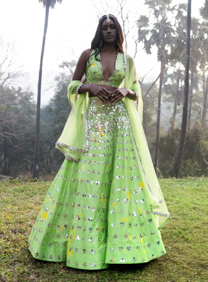 Yellow & Green Raw Silk Mirror Work Lehenga Set