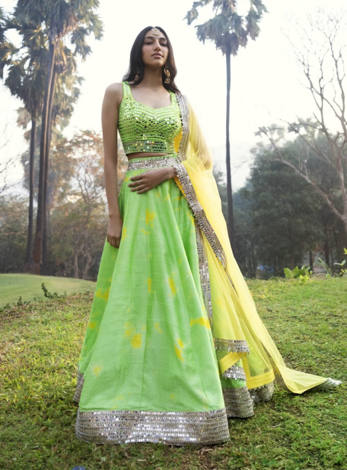 Green Raw Silk Tie-Dye Lehenga Set