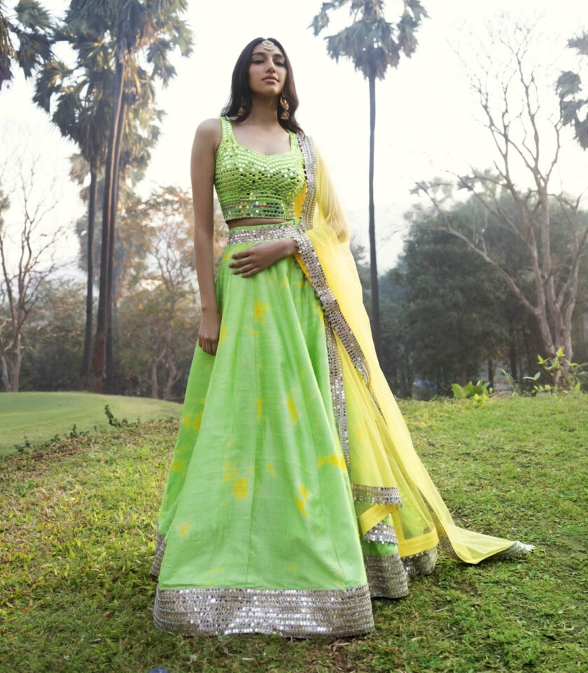Green Raw Silk Tie-Dye Lehenga Set