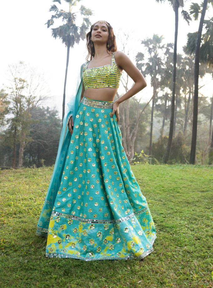 Blue Raw Silk Tie-Dyed & Mirror Work Lehenga Set