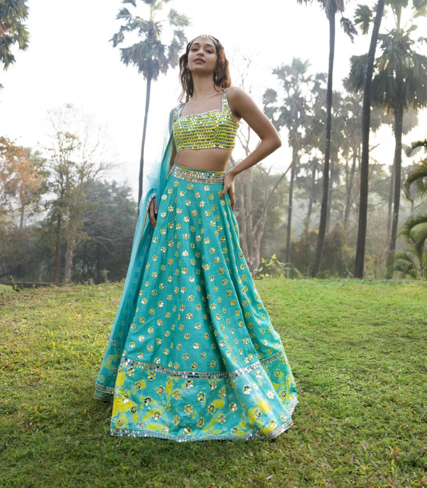 Blue Raw Silk Tie-Dyed & Mirror Work Lehenga Set