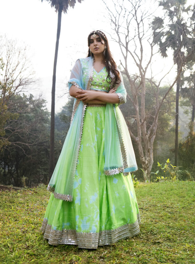 Green Raw Silk Tie-Dyed & Mirror Work Lehenga Set