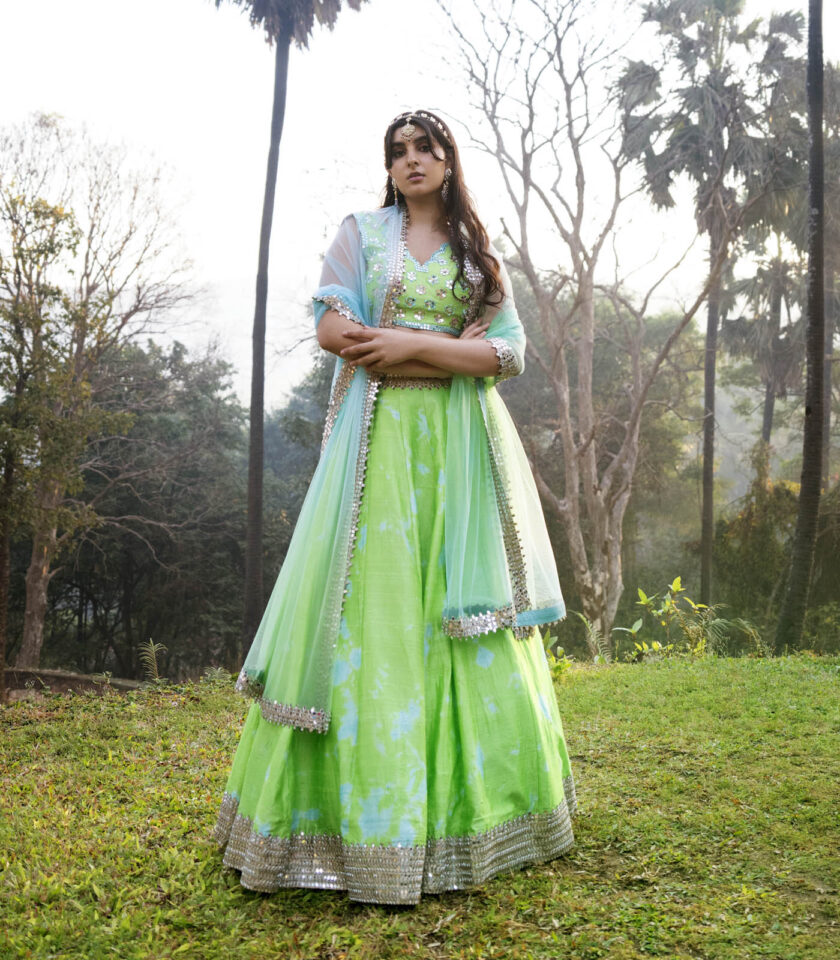 Green Raw Silk Tie-Dyed & Mirror Work Lehenga Set