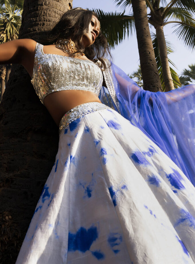 Oyster & Royal Blue Raw Silk Tie-Dyed Lehenga Set