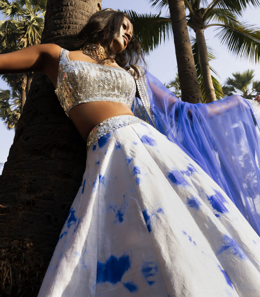 Oyster & Royal Blue Raw Silk Tie-Dyed Lehenga Set - Image 2