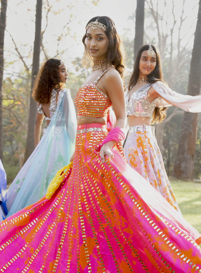Pink & Orange Raw Silk Mirror Work Lehenga Set