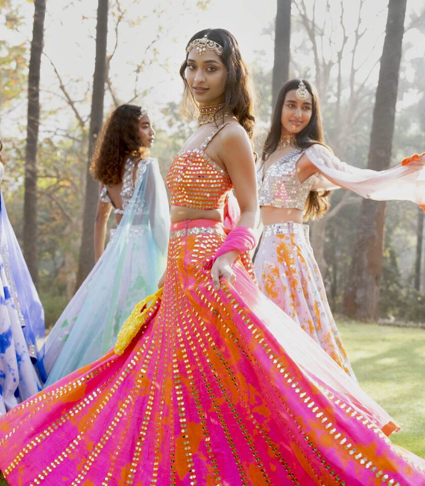 Pink & Orange Raw Silk Mirror Work Lehenga Set
