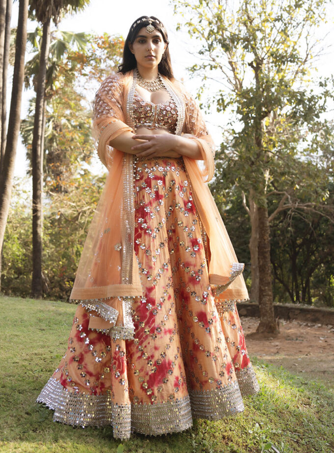 Burnt Orange  & red tie dye Embroidered Lehenga Set