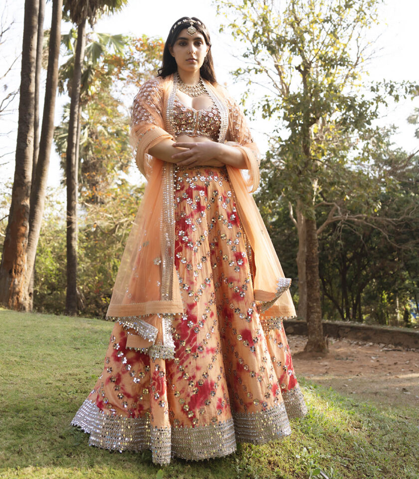 Burnt Orange  & red tie dye Embroidered Lehenga Set