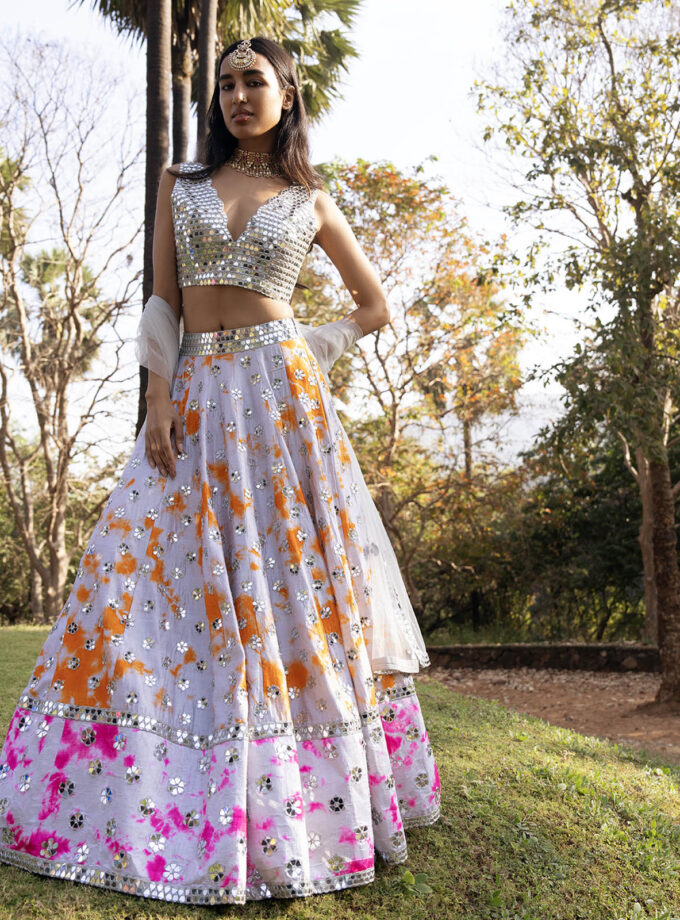Oyster Raw Silk Mirror Embroidered Hand Tie-Dye Lehenga Set