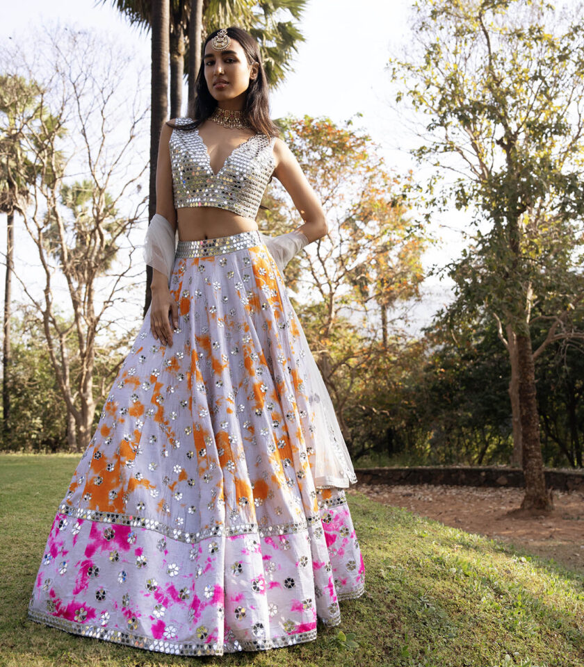 Oyster Raw Silk Mirror Embroidered Hand Tie-Dye Lehenga Set