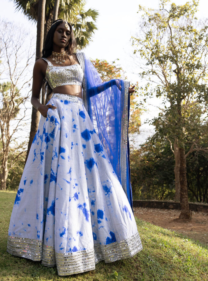 Oyster & Royal Blue Raw Silk Tie-Dyed Lehenga Set