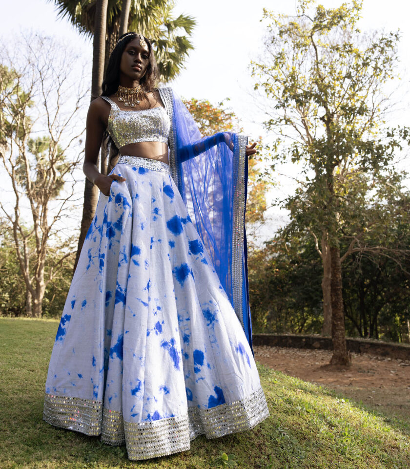 Oyster & Royal Blue Raw Silk Tie-Dyed Lehenga Set