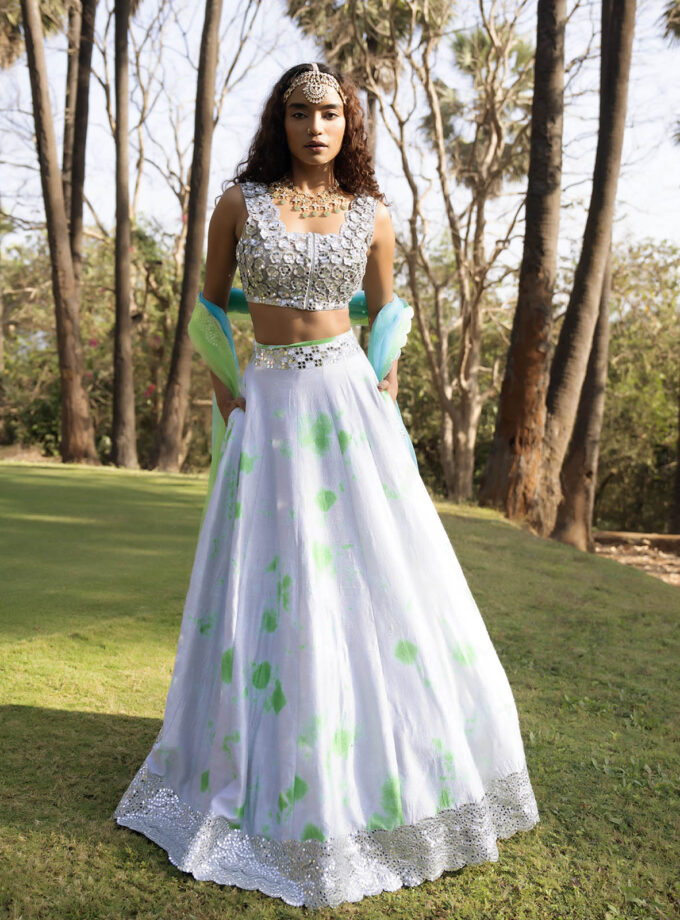 Grey and green Raw Silk Tie-Dye Lehenga Set