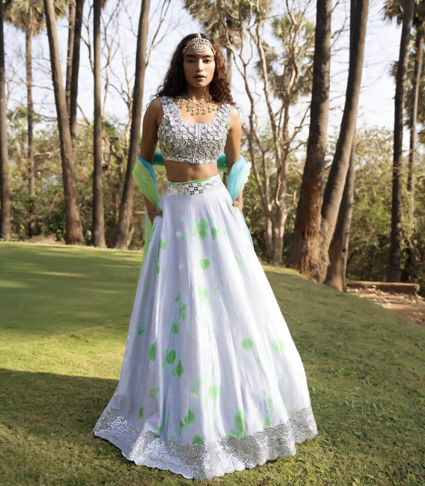 Grey and green Raw Silk Tie-Dye Lehenga Set