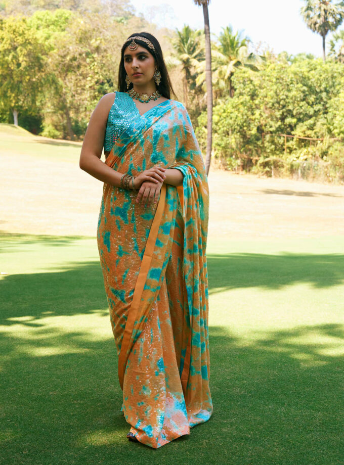 Burnt Orange & Turquoise Georgette Sequins Sheeted Tie-Dye Saree Set