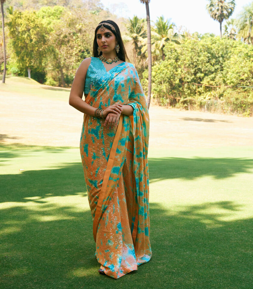 Burnt Orange & Turquoise Georgette Sequins Sheeted Tie-Dye Saree Set