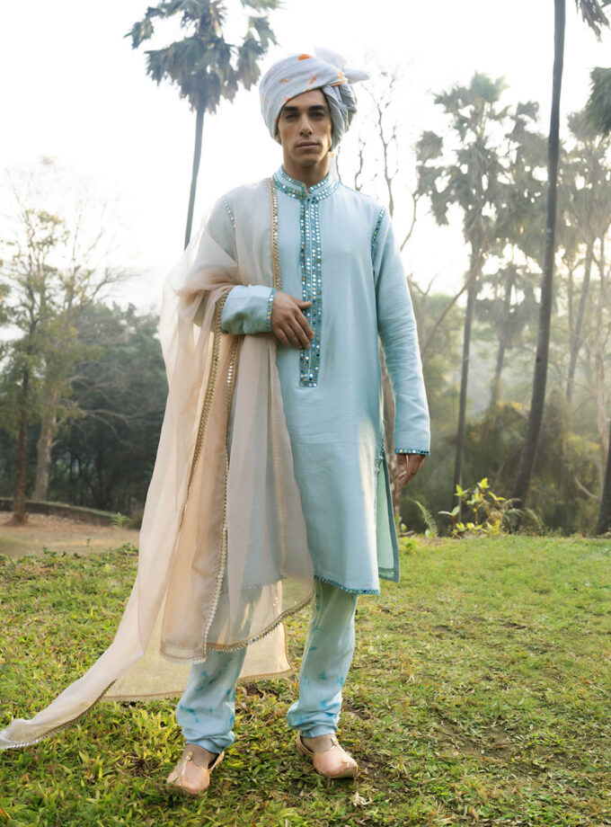 Aqua Blue Raw Silk Mirror Work Kurta Set