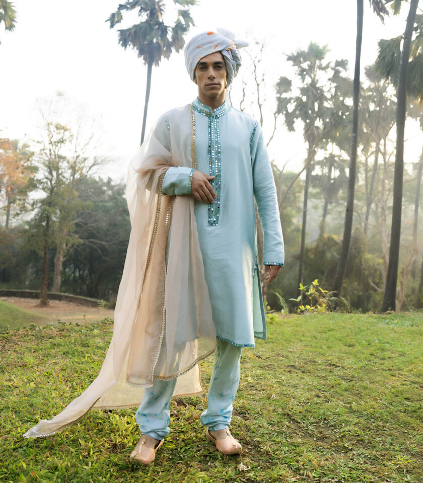 Aqua Blue Raw Silk Mirror Work Kurta Set