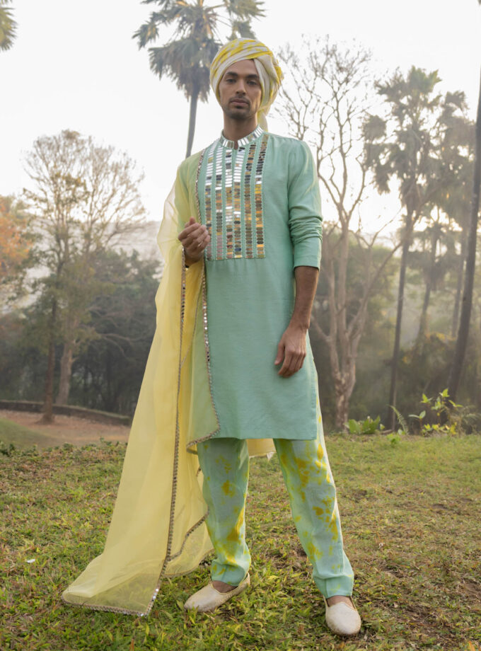 Aqua & Turquoise Raw Silk Mirror Work Kurta Set