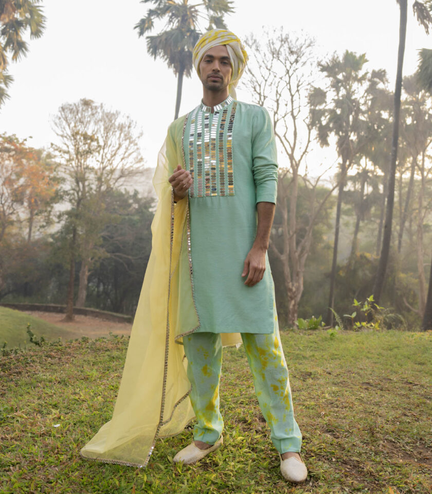 Aqua & Turquoise Raw Silk Mirror Work Kurta Set